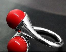 New Design two 6mm Red Coral beads Silver Ring 7/8/9/10