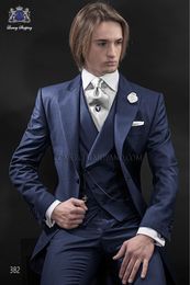 Morning Style Navy Blue Tailcoat Groom Tuxedos Eiegant Men Wedding Wear High Quality Men Formal Prom Party Blazer(Jacket+Pants+Tie+Vest) 973