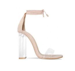 Pink Nude Faux Suede High Heels Women Sandals Transparent PVC Ankle Strap Women Pumps Lace-Up Clear Block Heels Shoes