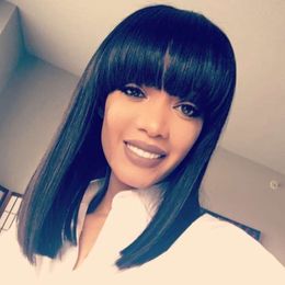 Short Human Hair Wigs Bob Style Straight Peruvian Virgin Hair For Black Women Glueless Lace Front Bob Wigs With Bangs