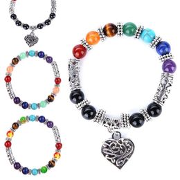 7 Yoga Chakra Love Heart Charm Bracelets Ancient Silver Plated Natural Stone Buddha Power Bangle Cuff Wristbands for Women