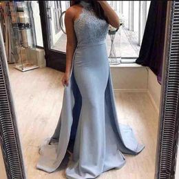 Custom Made Mermaid Halter Evening Dresses With Detachable Skirt Light Blue Cheap Bridesmaid Dress Formal Prom Evening Gowns