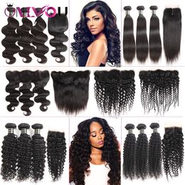 Cheap Brazilian Virgin Lace Frontal 9a Grade Peruvian Human Extensions Deep Wave Curly Hair Weaves Closure with 3 Bundles