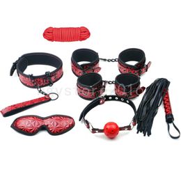7pcs Bondage under bed Red Embossed Beginners PVC Whip Cuffs Gag Collar Mask rope game #R56