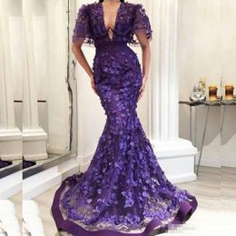Deep V Neck Purple Prom Dresses 3D Flora Appliques Mermaid Evening Gowns Short Sleeves Sweep Train Formal Party Dress Custom Made