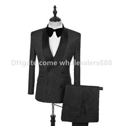 Handsome Groomsmen Black Pattern Groom Tuxedos Shawl Satin Lapel Men Suits Side Vent Wedding/Prom Best Man ( Jacket+Pants+Tie ) K965