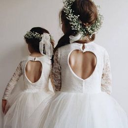 Rustic Ivory Flower Girl Dresses Full Sleeve For Country Wedding Jewel Top Lace Ankle Length Tulle Heart Back Cheap girls pageant dresses