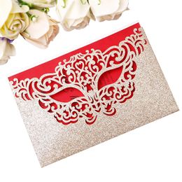 New Arrival Mask Invitation Cards for Makeup Masquerade Party Decorations And Halloween Dance Party (Light Gold Glitter + Red Insert)