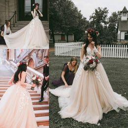 Classical Pink Blush Wedding Dresses Country Rustic Illusion Floral Appliques Long Sleeve Lace Bridal Gown From China Plus Size Vintage 2019