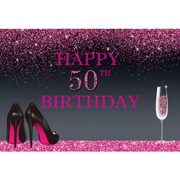 Happy 50th Birthday Backdrop Printed Pink Confetti Pieces Champagne High Heels Customised Party Themed Photo Booth Background