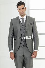 New Design One Button Gray Wedding Groom Tuxedos Peak Lapel Groomsmen Mens Dinner Blazer Suits (Jacket+Pants+Vest+Tie) NO:1592