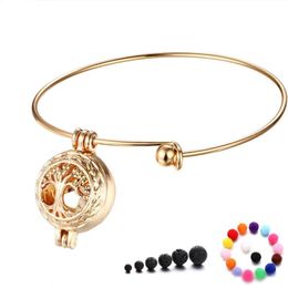 Gold Life Tree Essential Oil And Perfume Diffuser Locket Bracelet, Aromatherapy Charm Locket Bangle With Lava Stone And Cotton Ball