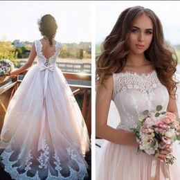 2019 Princess Blush A-line Wedding Dresses Sheer Bateau Neck Lace Appliques Open Back Corset Lace-up Bridal Gowns Sweep Train