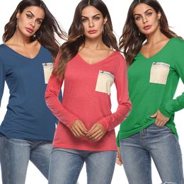 Women V-Neck Long Sleeve Casual T-Shirt Tops Patched Pocket Women Tops 2018 Autumn Newest sweatshirt Casual Loose V-neck Blouse Shirt Tops