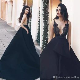 Sexy Black Formal Evening Prom Dresses Spaghetti Straps Lace Illusion Plunging V Neck Backless Party Cocktail Dress Robe de soriee Custom