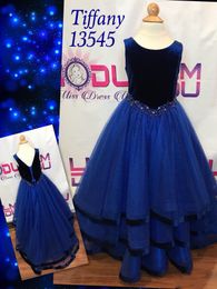 Velvet Girls Pageant Dresses 2019 Lace Up Back Real Photos Navy Blue Two Tones Girls Formal Event Gowns Sweep Train Custom Made