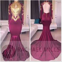 2018 New Burgundy Long Sleeves Gold Lace Prom Dresses Mermaid Appliques Lace Beaded High Neck Keyhole Backless Court Train Prom Party Gowns