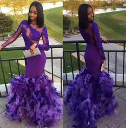 Stunning Purple Mermaid Prom dresses Cheap Long Sleeves Illusion Jewel Neck Ruffles Hollow Back Organza Evening Party Formal Dress