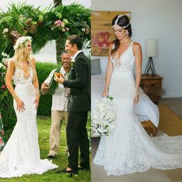 new arrival mermaid wedding dress full lace illusion deep v neck lace applique sweep train bridal gowns beach country wedding dresses