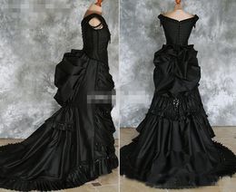 Black Gothic Wedding Dresses 2018 Off Shoulder Ruffles Crystals Satin Chapel Train Costume Dress Lace Victorian Bridal Gowns Custom Made