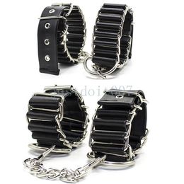 Bondage PU leather Neck Collar chain Leash Handcuffs Ankle Restraints Set Wrist Cuffs #R98