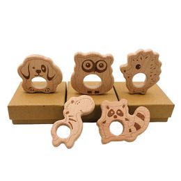 Baby Wooden Teether Nature Nursing Baby Wood Teething Toy Wood Owl Dog Hedgehog Shape Soothers Chewing Pendant DIY Accessories