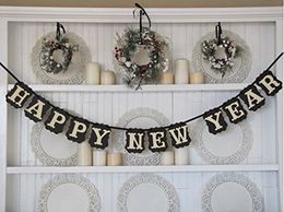 Gold Glitter Print Hanging Pennant Party Banner with String, Happy New Year Black and Gold Decor Paper Decorations