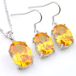 TOP LuckyShine Crystal Zircon Ellipse Yellow Earrings and Pendant Chain Necklace 925 Silver Women Fashion Wedding Sets FREE SHIPPING!