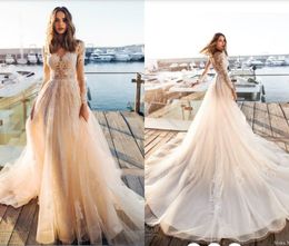 Summer 2019 Beach Wedding Dresses Bridal Gowns With Lace Appliques A Line Sheer Illusion V Neck Long Sleeves Country Style Wedding Gowns