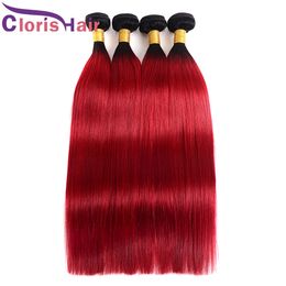 Pre-colored Red Silky Straight Raw Virgin Indian Ombre Bundles Dark Roots 1B Red Human Hair Weaves Cheap Red Straight Ombre Extensions