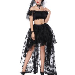 Ruffles Crop Tops Women's Gothic Irregular Skirt Vintage Transparent Tulle Maxi Lace Floral Skirts with Steampunk Off Shoulder Clothing Top