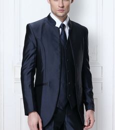 Customize Stand collar Navy Blue Groom Tuxedos Excellent Groomsman Men Formal Men Prom Dinner Business Suit(Jacket+Pants+Tie+Vest)No:849