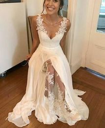 Elegant White Lace Prom Dresses V neck Cheap Designer 2021 Lace Unique Skirt Lace Slits Chiffon Applique Evening Formal Gowns Long