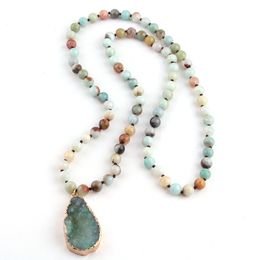 Fashion Bohemian Tribal Jewellery long Knotted Amazonite Natural Druzy Drop Pendant Stone Necklace