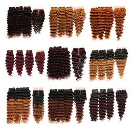 Coloured Deep Wave Bundles with Closure Honey Blonde Two Tone Ombre Coloured Brazilian Virgin Hair Weaves Coloured Extension Best Selling Items