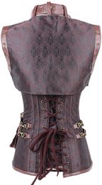Hot Women Steampunk Corset Sexy Punk Brown Black Faux Leather Floral Steel Boned Bustiers Lace Up Plus Size Waist Trainer