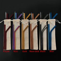 6 Colors Free Combination!! Customized Bag Packing 4+1 Reusable Stainless Steel Drinking Straws Set Metal Straws Set with Cleaning Brush