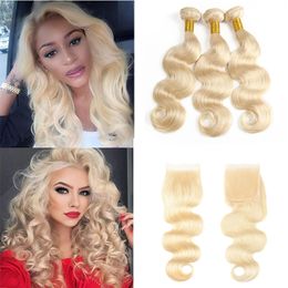 Hot Selling #613 Honey Blonde Human Hair 3 Bundles Lace Closure Brazilian Virgin Body Wave Human Hair Weave With 4x4 Lace Closure
