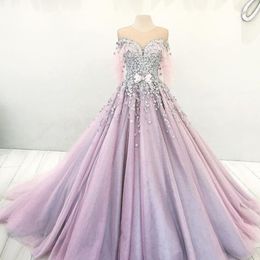 Romantic Dubai Princess Engagement Dress Sheer Jewel Neck Bow Beaded Lace Applique Evening Dresses Glamorous Puffy Ball Gown Tulle Prom Dres