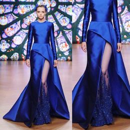 Long Sleeve Designer Prom Dresses Jewel Neck Side Split Crystals Appliqued Blue Taffeta Evening Gowns Custom Made Cocktail Party Dresses