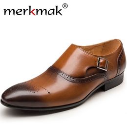 Merkmak Men Dress Shoes Vintage Brogue Oxford Shoes Fashion PU Leather Double Monk Buckle Strap Shoes Wedding Formal