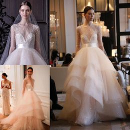 Neck Dresses Sheer Sexy Long Sleeves Ruffles Tulle Illusion Pearls Bridal Gowns Beaded Monique Lhuillier Wedding Dress