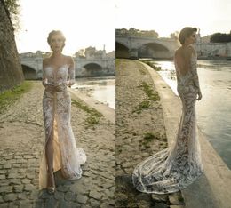 Julie Vino Mermaid Wedding Dresses Front Split Off The Shoulder Lace Beadeding Applique Beach Bridal Dress Sweep Train Long Sleeve Gowns