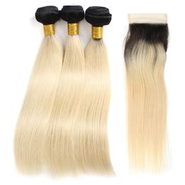 Ombre 1B 613 Blonde Human Hair Bundles With Closure Brazilian Virgin Straight Human Hair Weave 3 Bundles With Lace Closure Hair Extensions