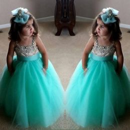 Turquoise Green Flowe Girls Dresses Cute Spaghetti Birthday Gowns Straps Crystal Beaded Tulle Toddler Pageant Dresses For Girls