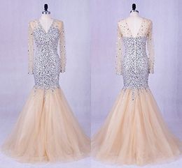 Champagne V neck Backless Pageant Evening Dresses Mermaid Long Sleeve Illusion Crystal Rhinestones Bodice Long Cheap Prom Formal D204H