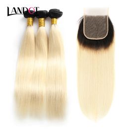9A Ombre 1B/613# Bleach Blonde Lace Closures With 3 Bundles Brazilian Straight Virgin Human Hair Weaves Peruvian Malaysian Hair Extensions