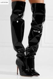 2018 Nuove signore punta a punta stivali lunghi in pelle a specchio stivali alti alla coscia scivolare su stivaletti da donna in pelle nera sopra il ginocchio botas alti