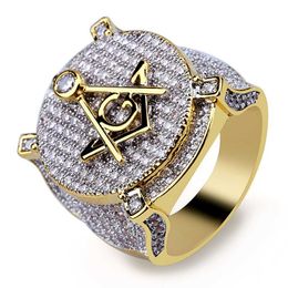 HIP Hop Micro Pave Zircon Masonic Signet Gold Ring Iced Out Full CZ Stone Round Ring for Male Women mason Ring Band318h