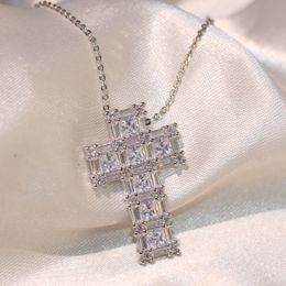 2018 New Arrival Top Selling Luxury Jewelry 925 Sterling Silver Six Princess Cut 5A Cuubic Zirconia Cross Pendant Chain Necklace For Women